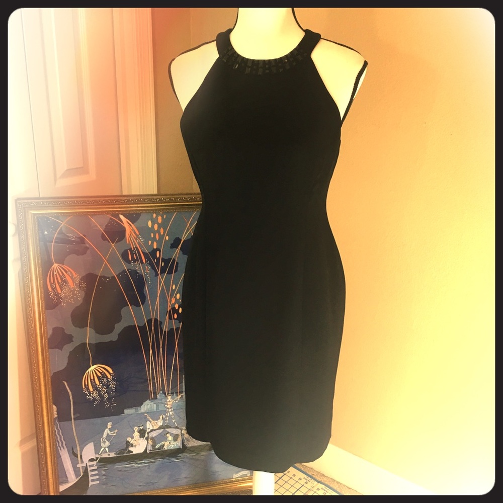Evan-picone petite 8 black dress jeweled neckline